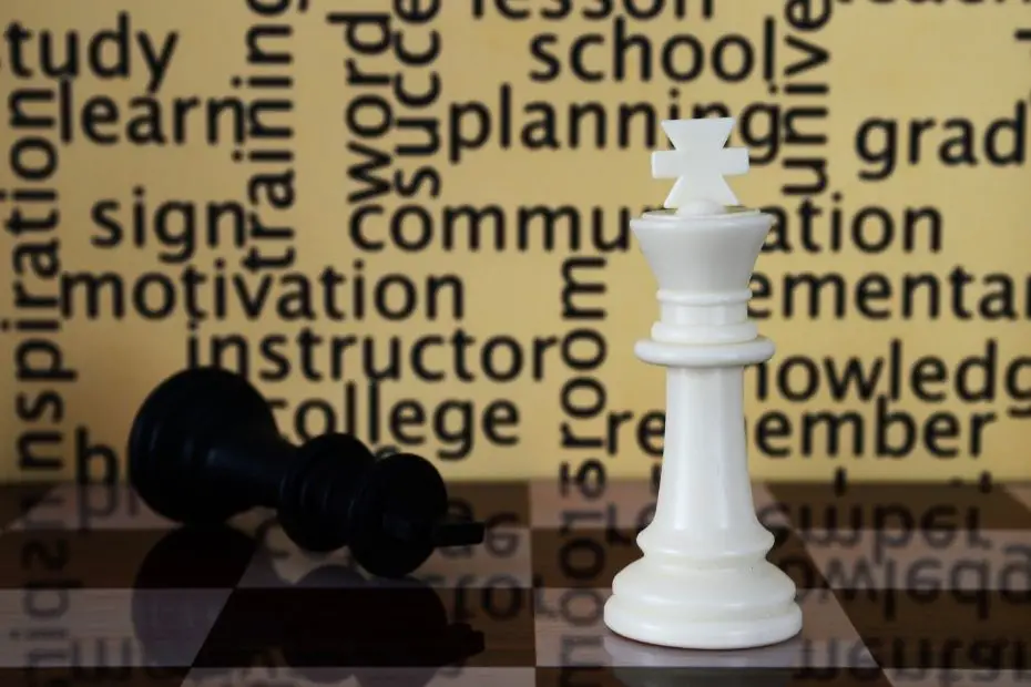 basic principles of chess, image of some chess pieces and words pertaining to learning
