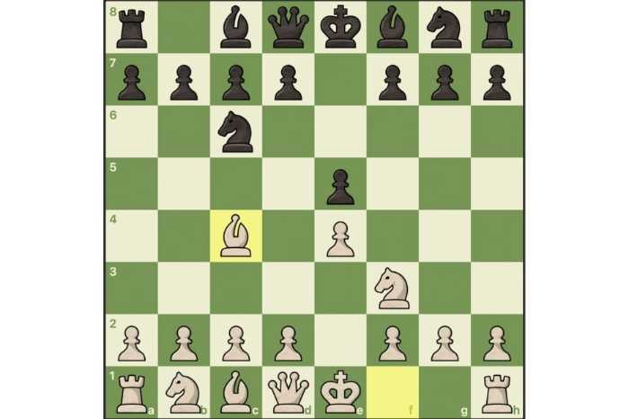 A chess board showing the bishop move for white to c4 which defines the Italian opening game in chess