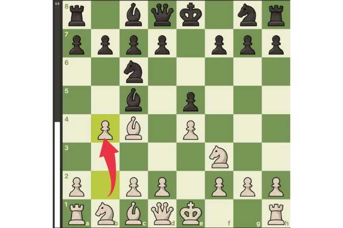 The Evans Gambit is an aggressive line of the Italian Opening. This picture shows the move to start the gambit on a chess board