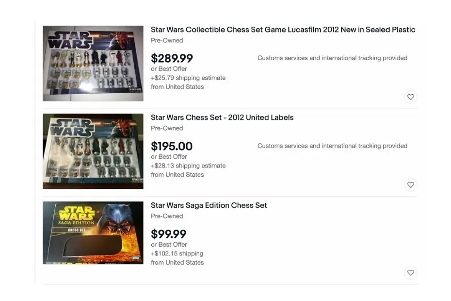 Example image of listings on eBay of Star Wars chess sets that increase value as they become less available